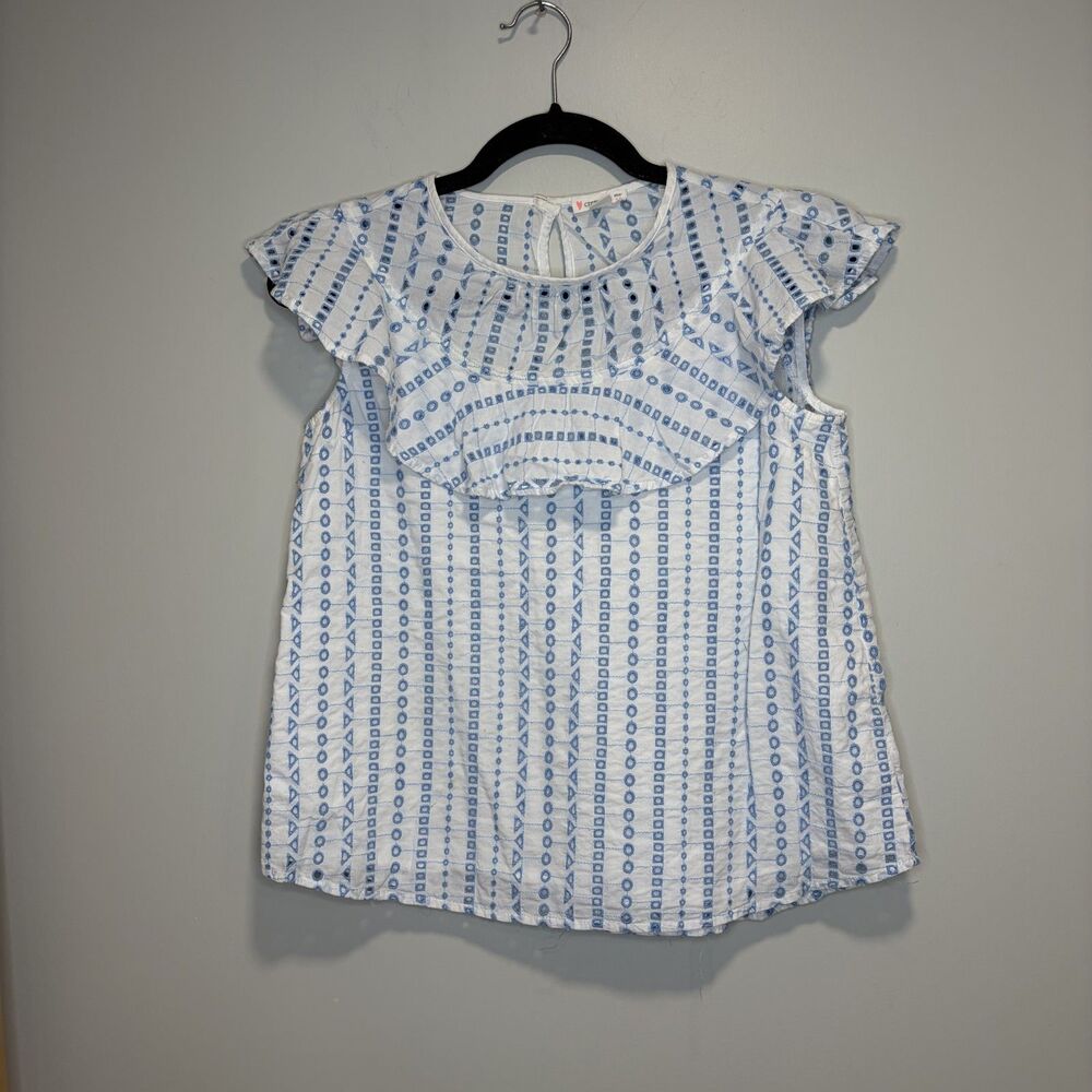 Crewcuts Girls Size 14 Blue White Eyelet Ruffle Flutter Sleeve Cotton Blouse